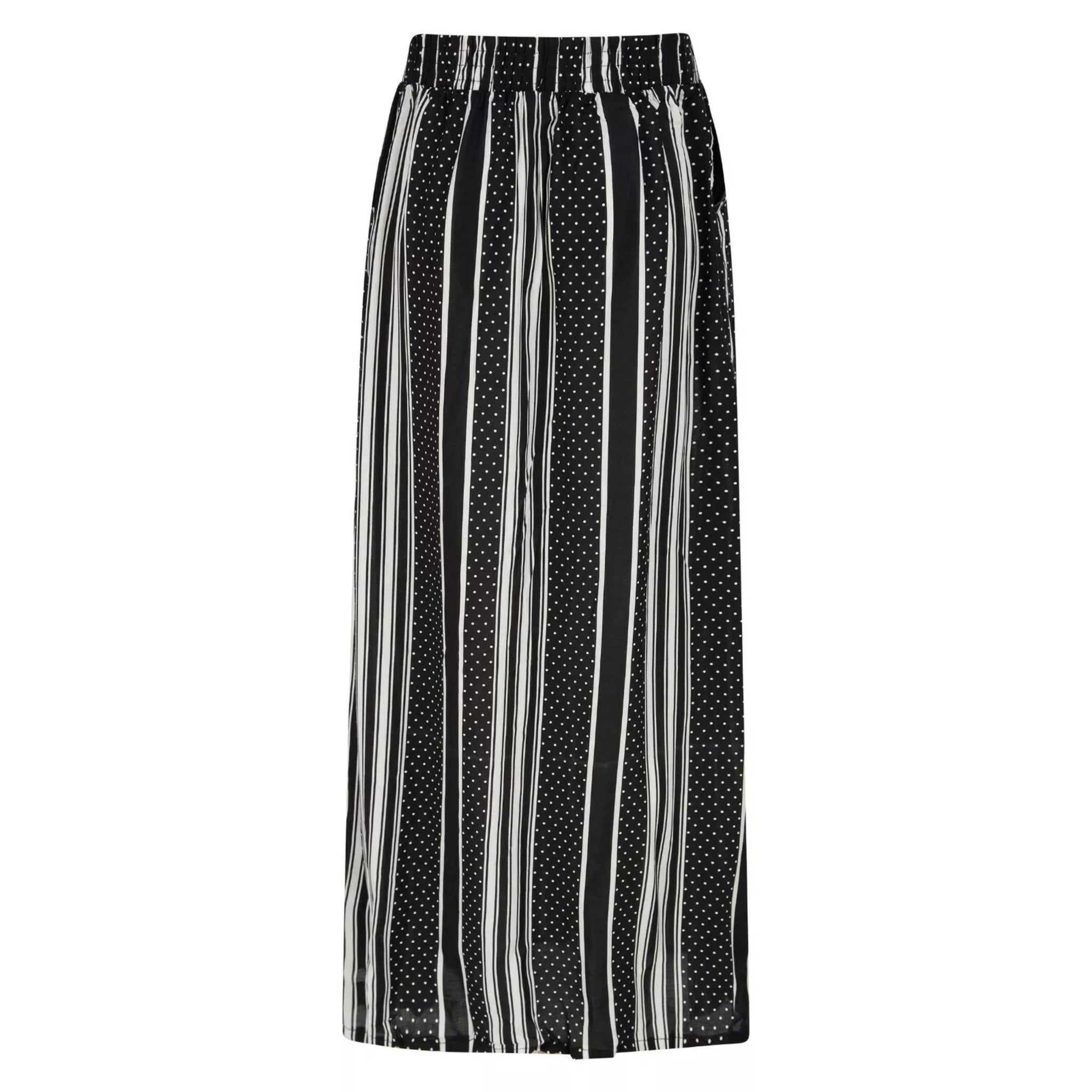 Women's black and white vertical striped maxi skirt with drawstring waist and button detail – casual summer fashion